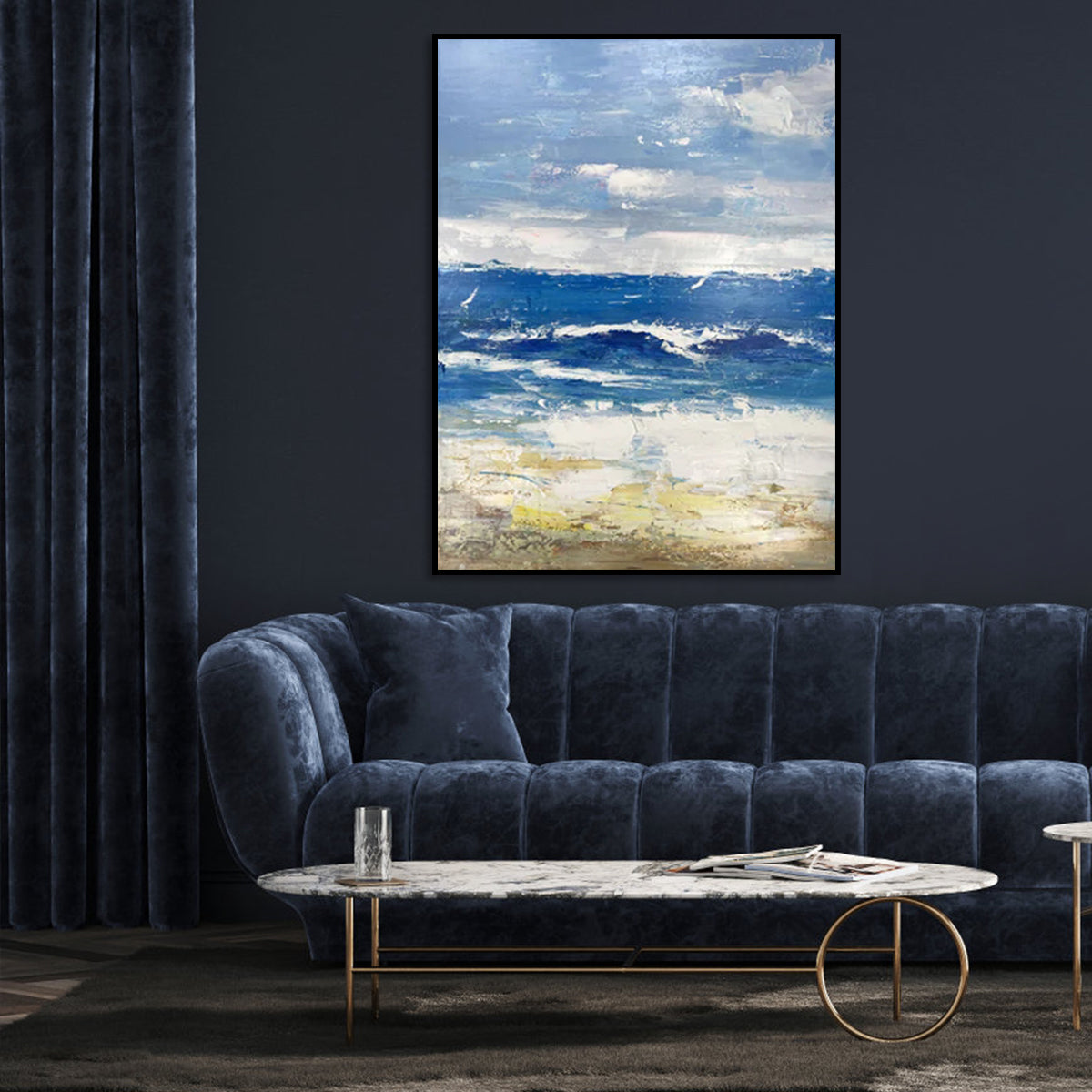 Quiet blue abstract art canvas painting with ocean-inspired texture