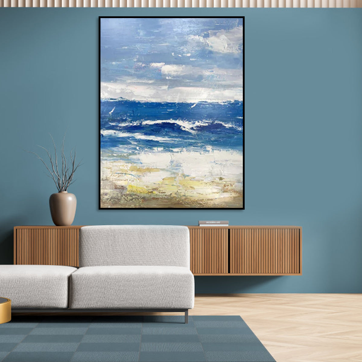 Quiet blue abstract art canvas painting with ocean-inspired texture
