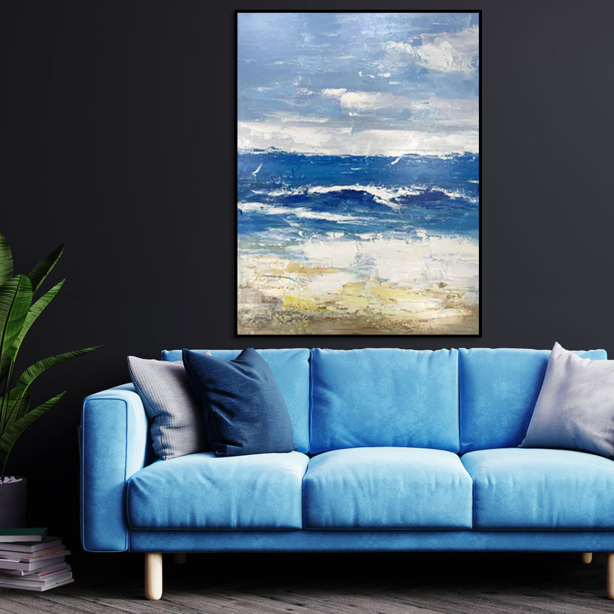 Quiet blue abstract art canvas painting with ocean-inspired texture