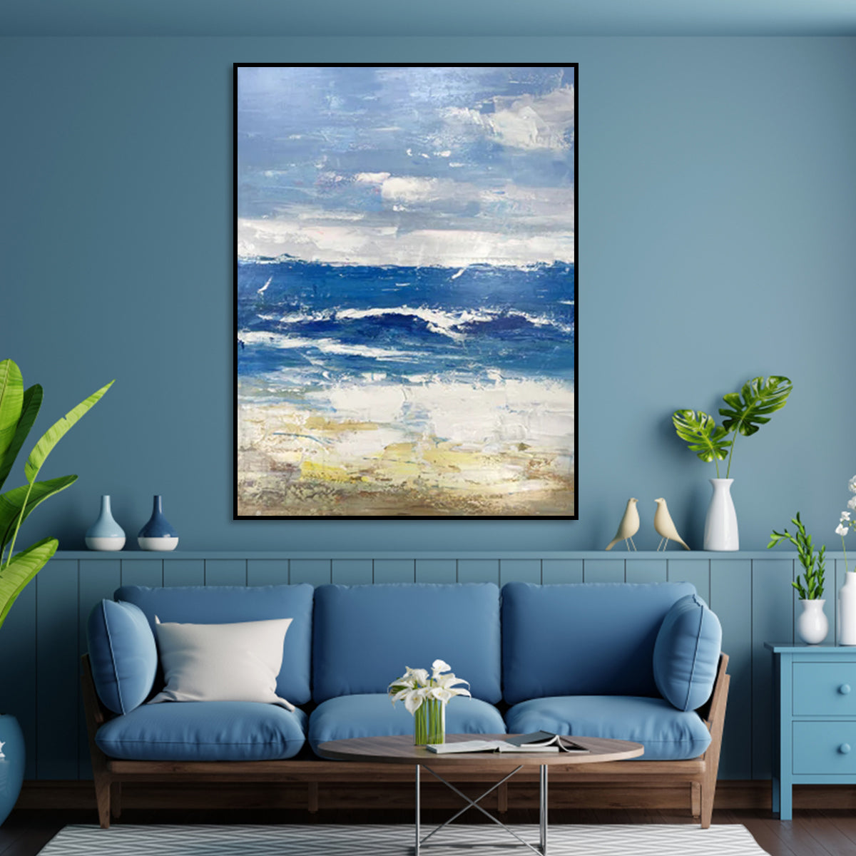 Quiet blue abstract art canvas painting with ocean-inspired texture