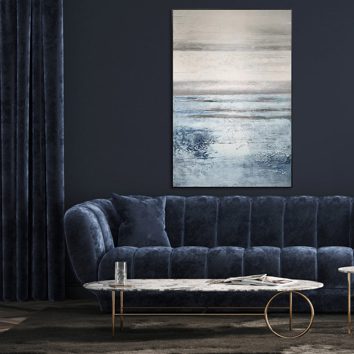 Rejoicing in the East blue abstract painting with textured horizon design