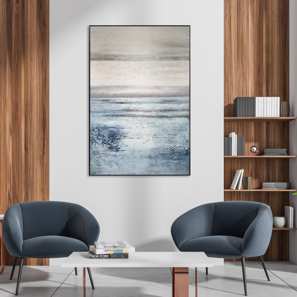 Rejoicing in the East blue abstract painting with textured horizon design