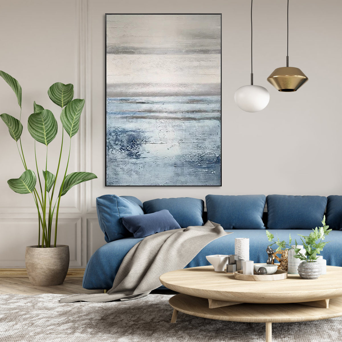 Rejoicing in the East blue abstract painting with textured horizon design