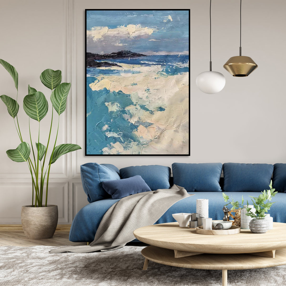 Sai Kung textured coastal canvas painting – art on blue wall