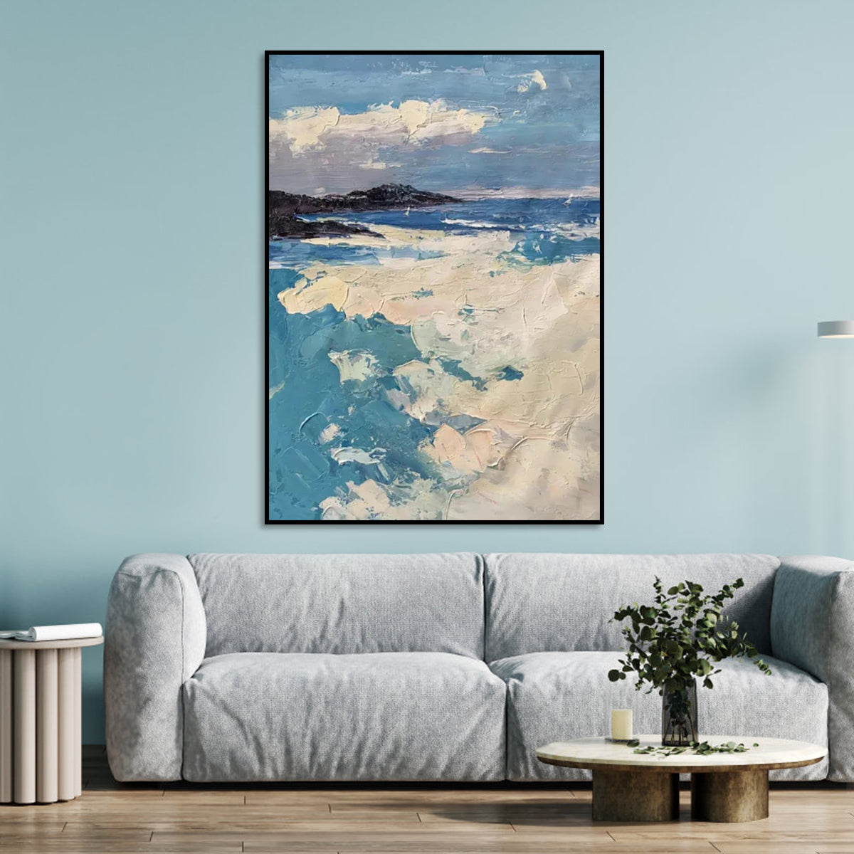 Sai Kung textured coastal canvas painting – art on blue wall