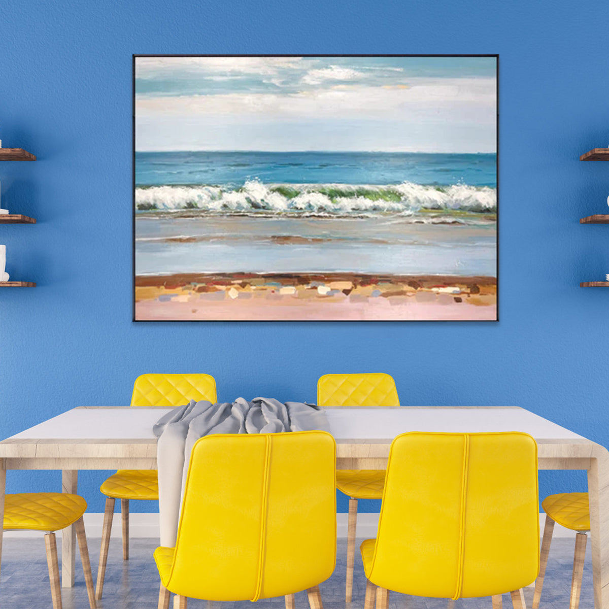Secluded beach painting with ocean waves and sandy shore for modern wall decor
