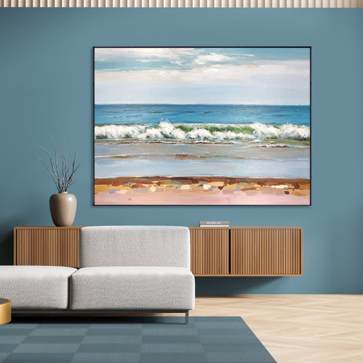Secluded beach painting with ocean waves and sandy shore for modern wall decor