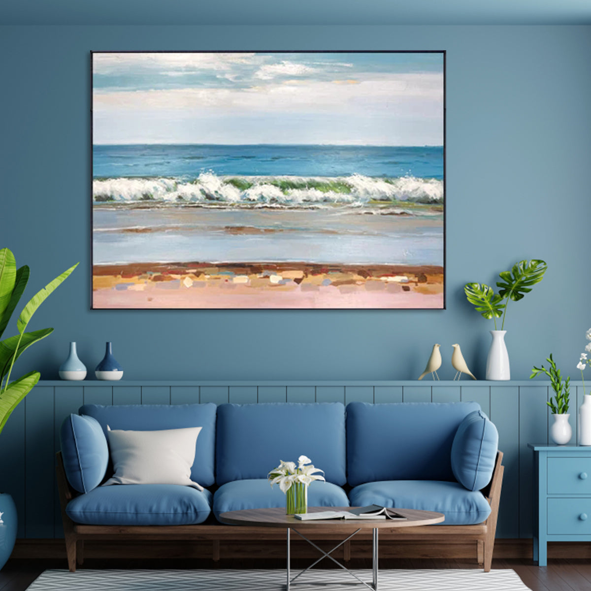 Secluded beach painting with ocean waves and sandy shore for modern wall decor