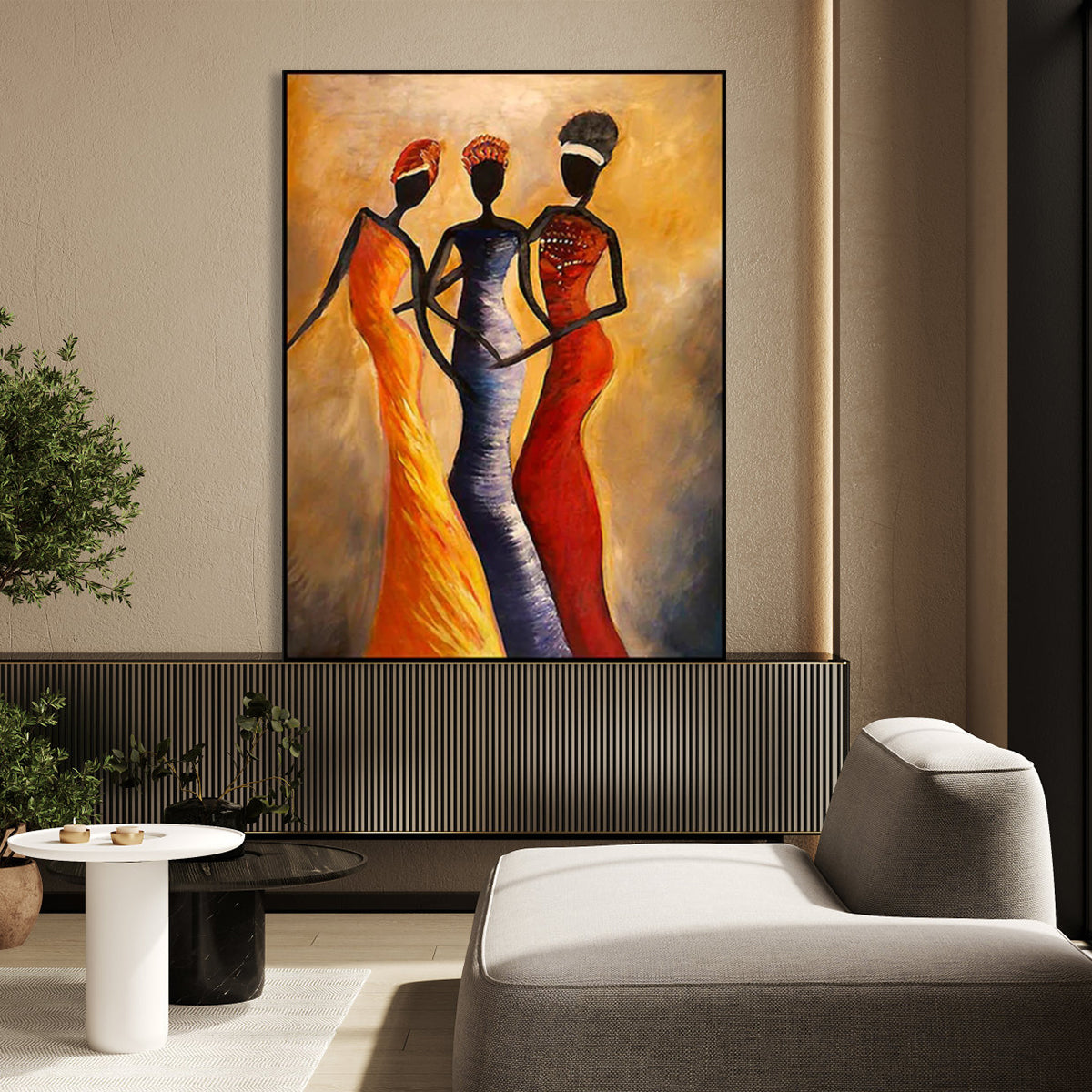African American woman wall art painting with three women in colorful dresses