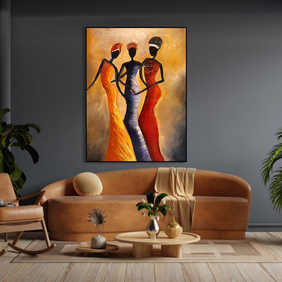 African American woman wall art painting with three women in colorful dresses