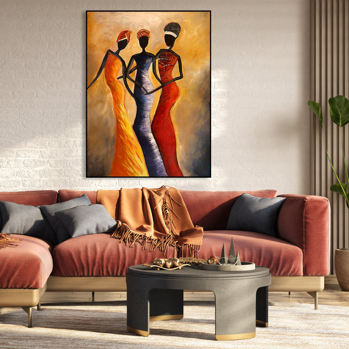 African American woman wall art painting with three women in colorful dresses