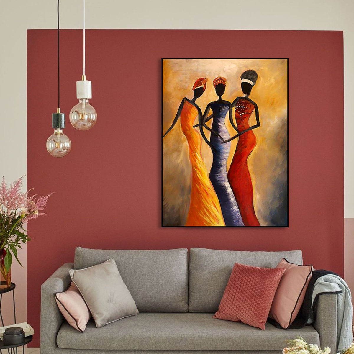 African American woman wall art painting with three women in colorful dresses