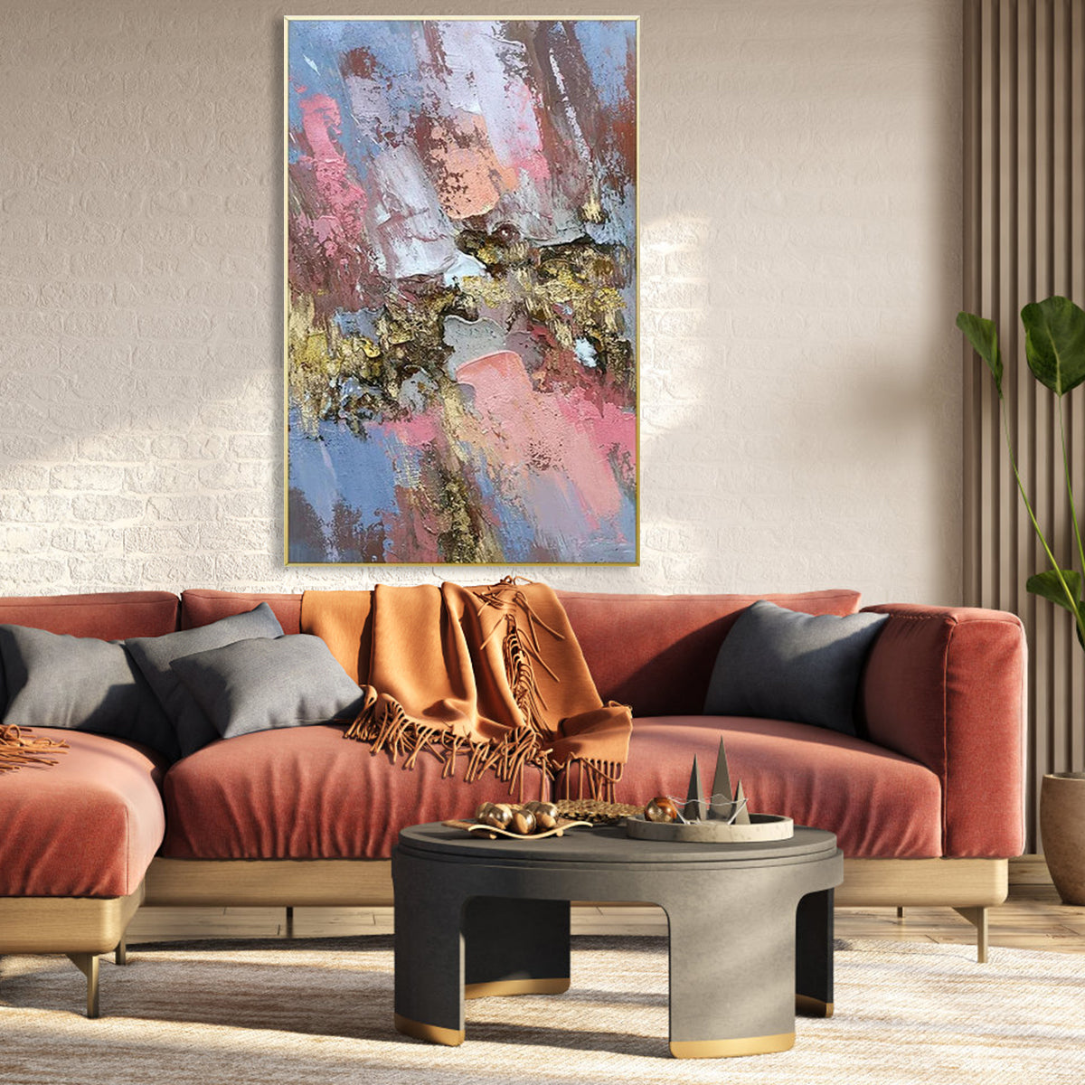 Shadowing gold abstract wall art with textured brushstrokes