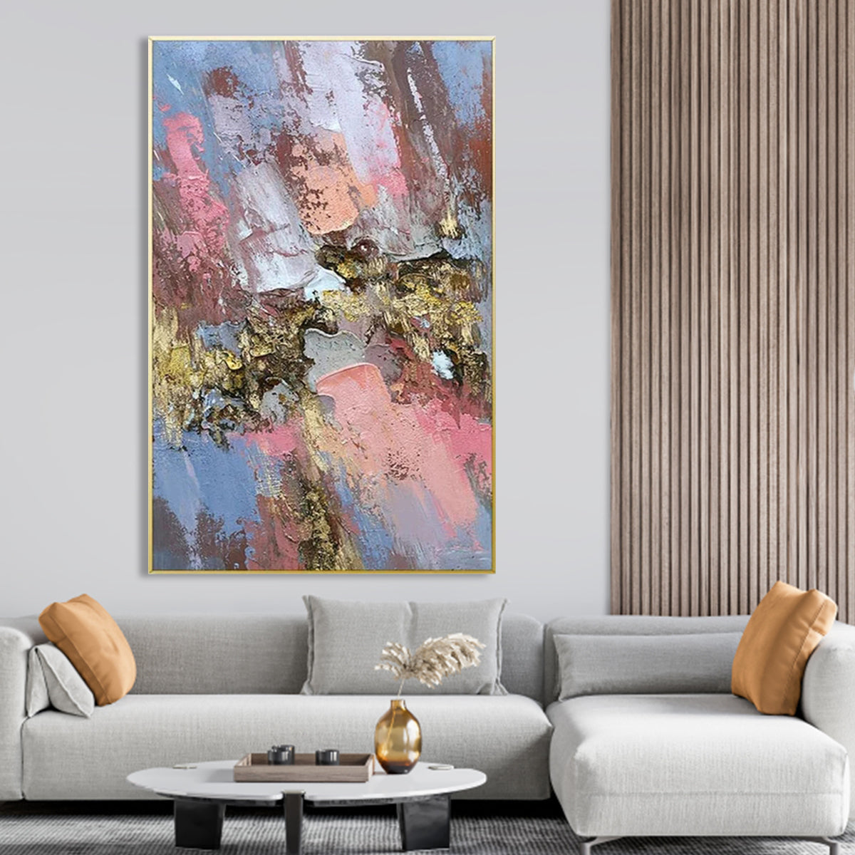 Shadowing gold abstract wall art with textured brushstrokes