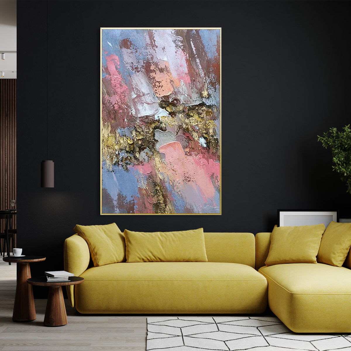 Shadowing gold abstract wall art with textured brushstrokes