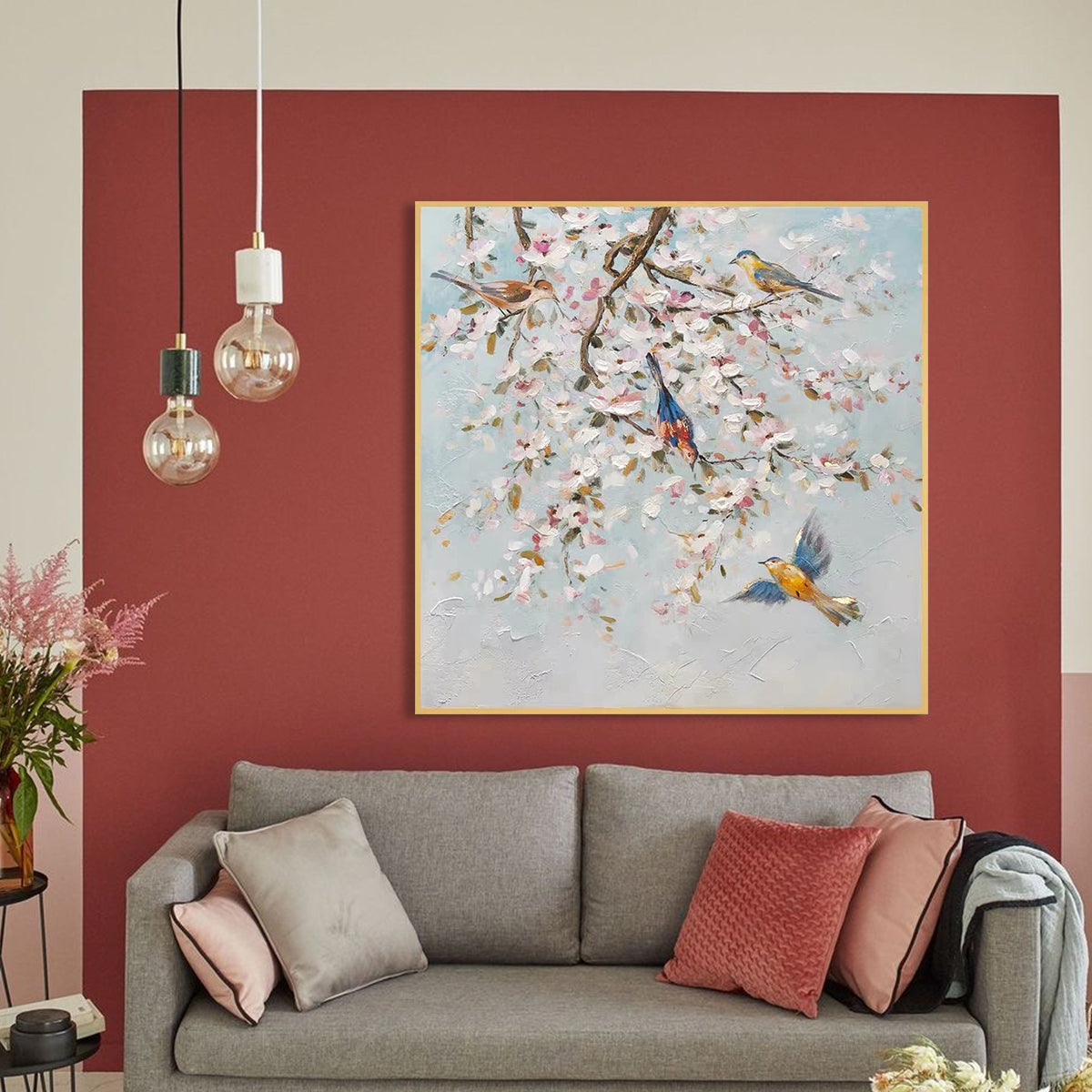 Blue bird painting with two birds on blossoming branches – Spirits