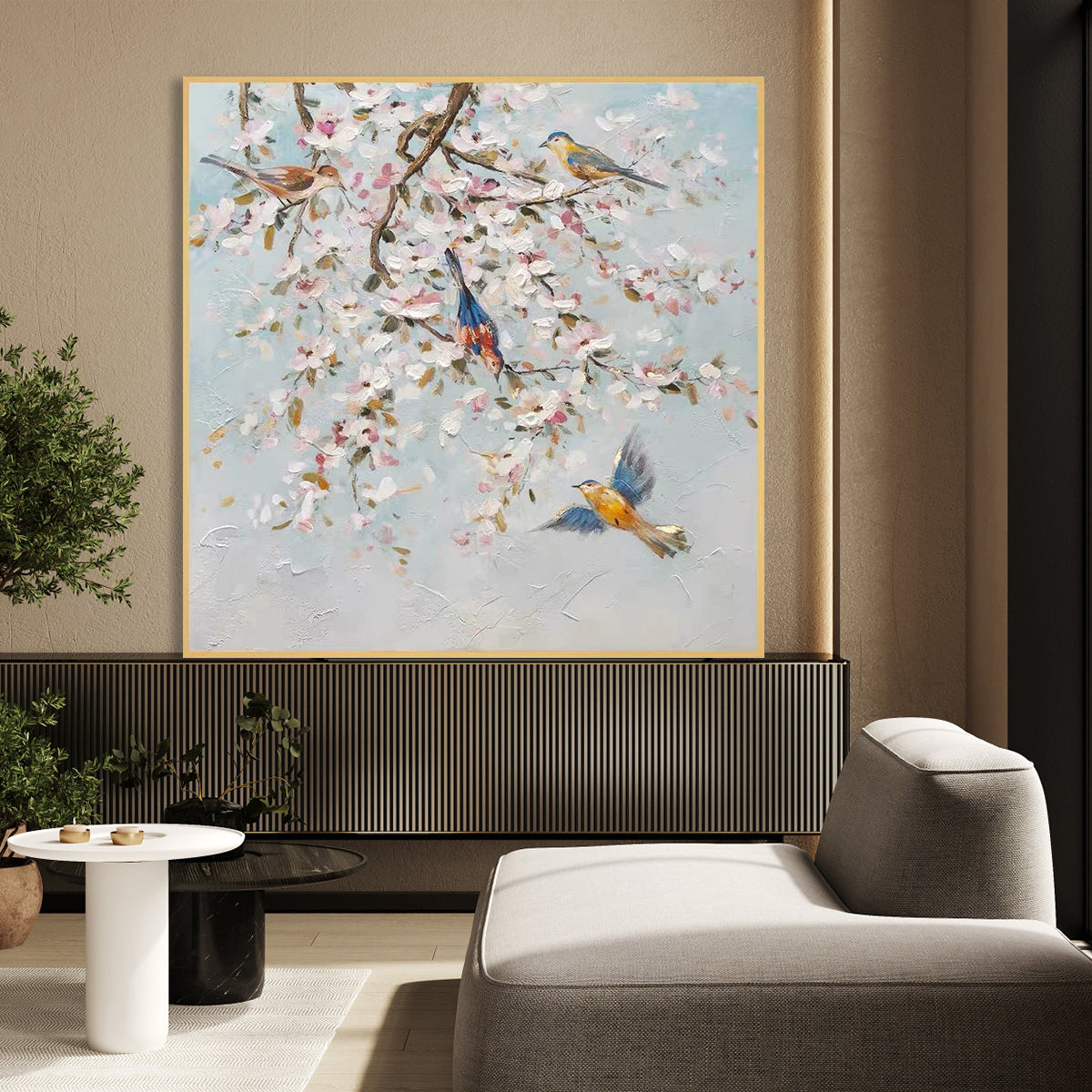 Blue bird painting with two birds on blossoming branches – Spirits