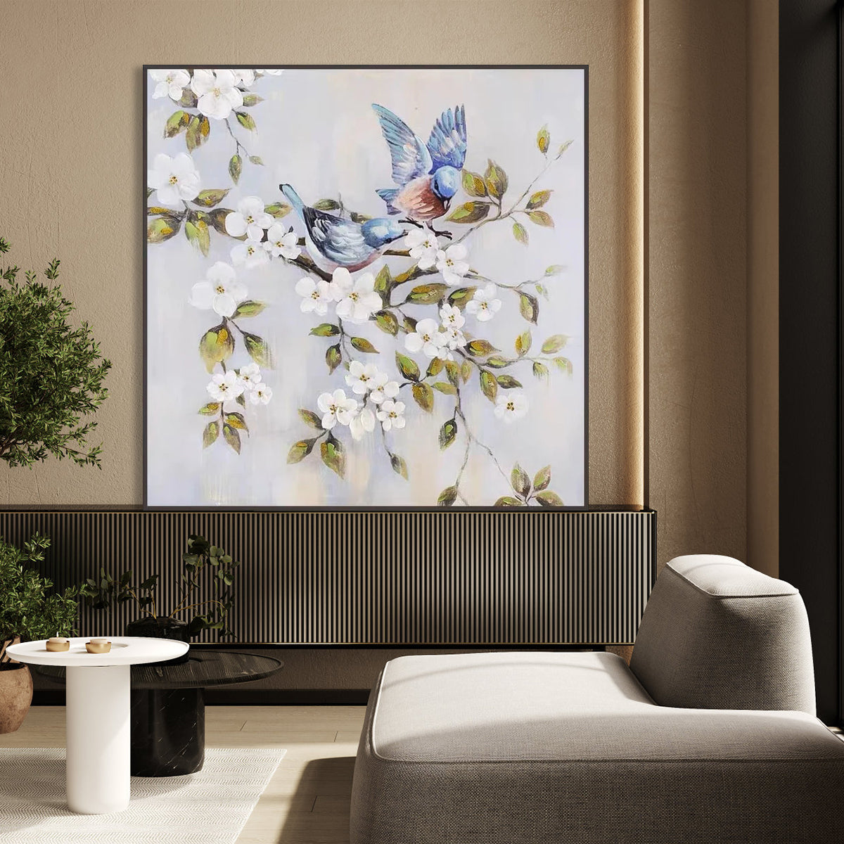 Blue bird painting with two birds on blossoming branches – Spirits