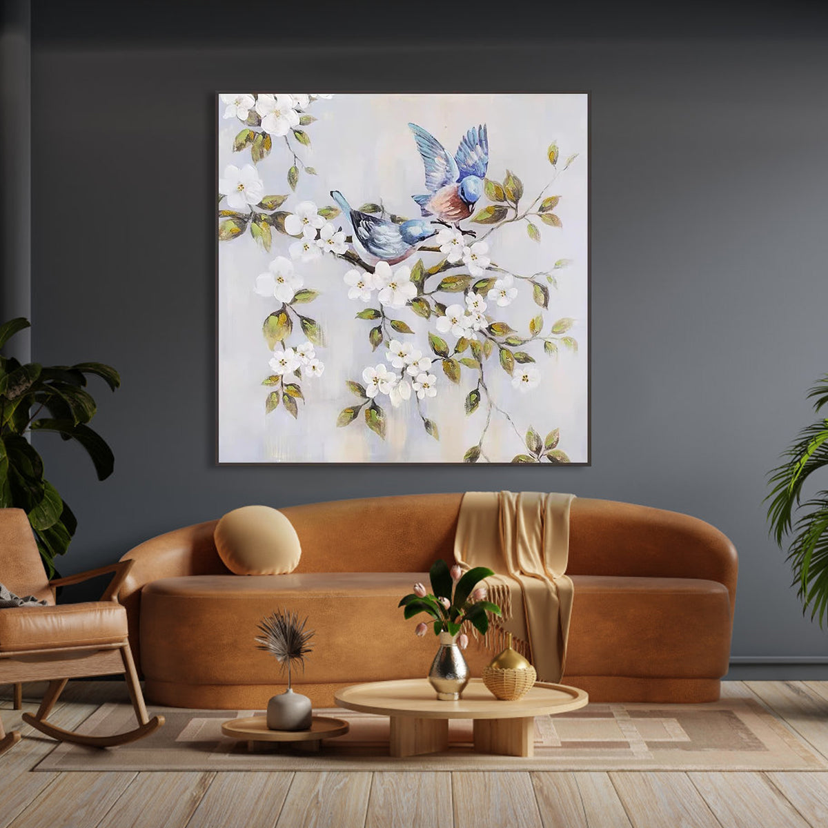 Blue bird painting with two birds on blossoming branches – Spirits