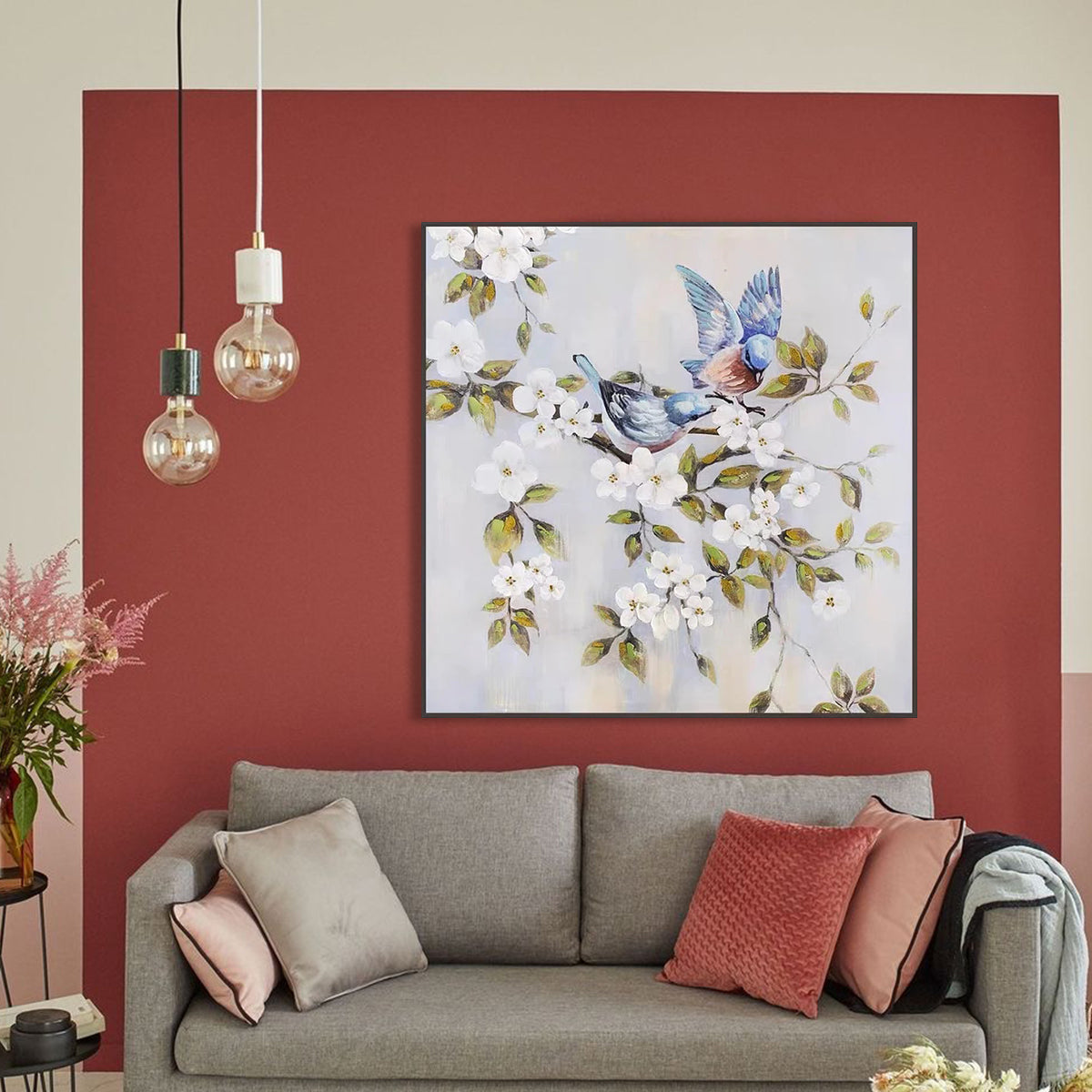 Blue bird painting with two birds on blossoming branches – Spirits