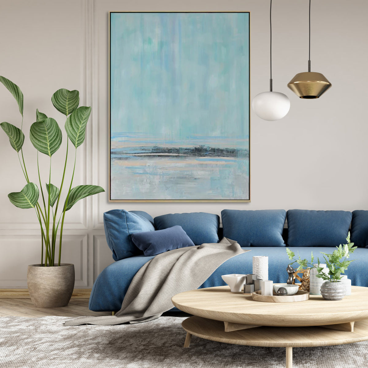 Standing Still modern contemporary wall decor with abstract blue and grey tones