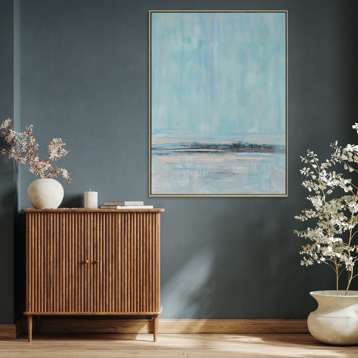 Standing Still modern contemporary wall decor with abstract blue and grey tones