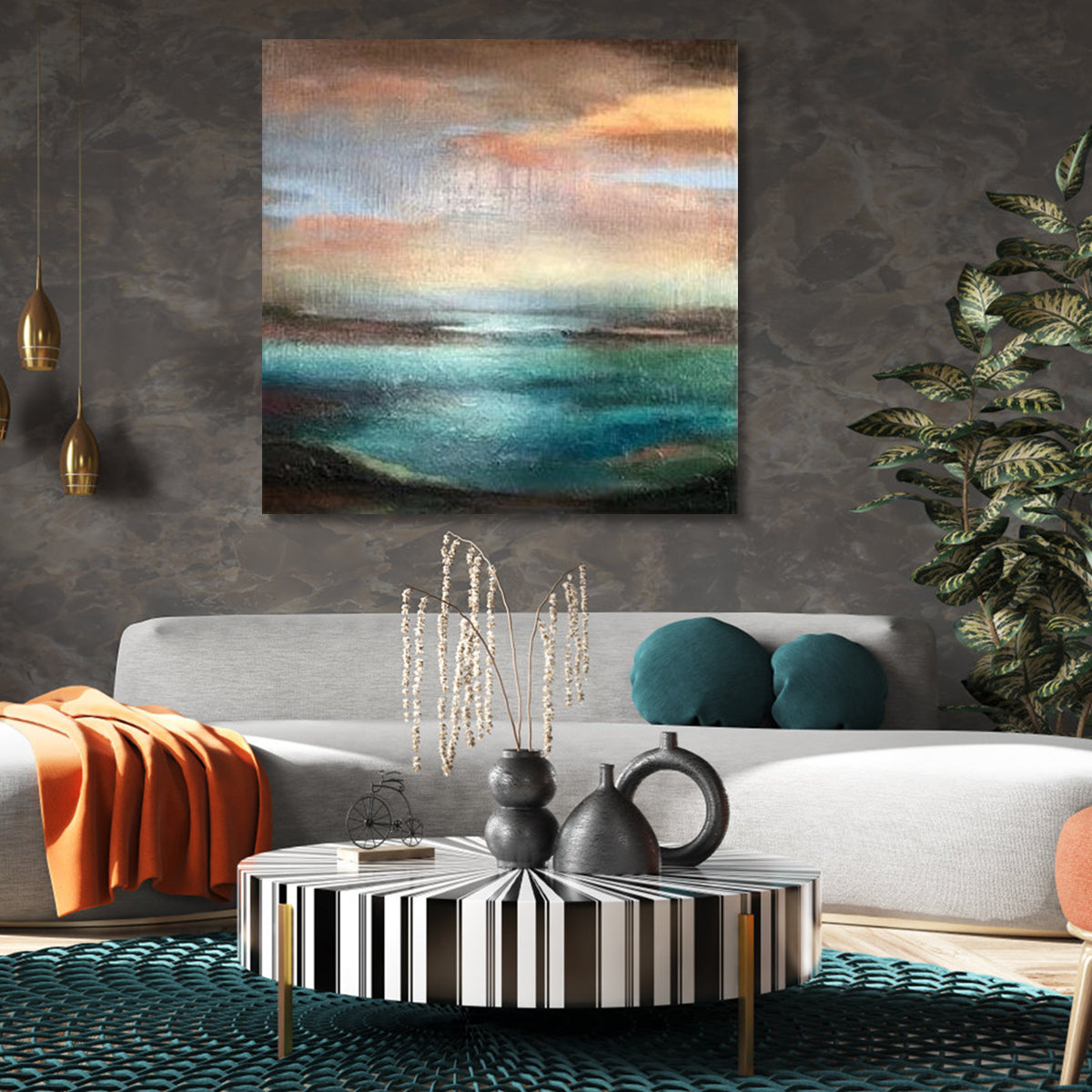 Steps in a Distance abstract landscape painting with textured sunset and ocean view