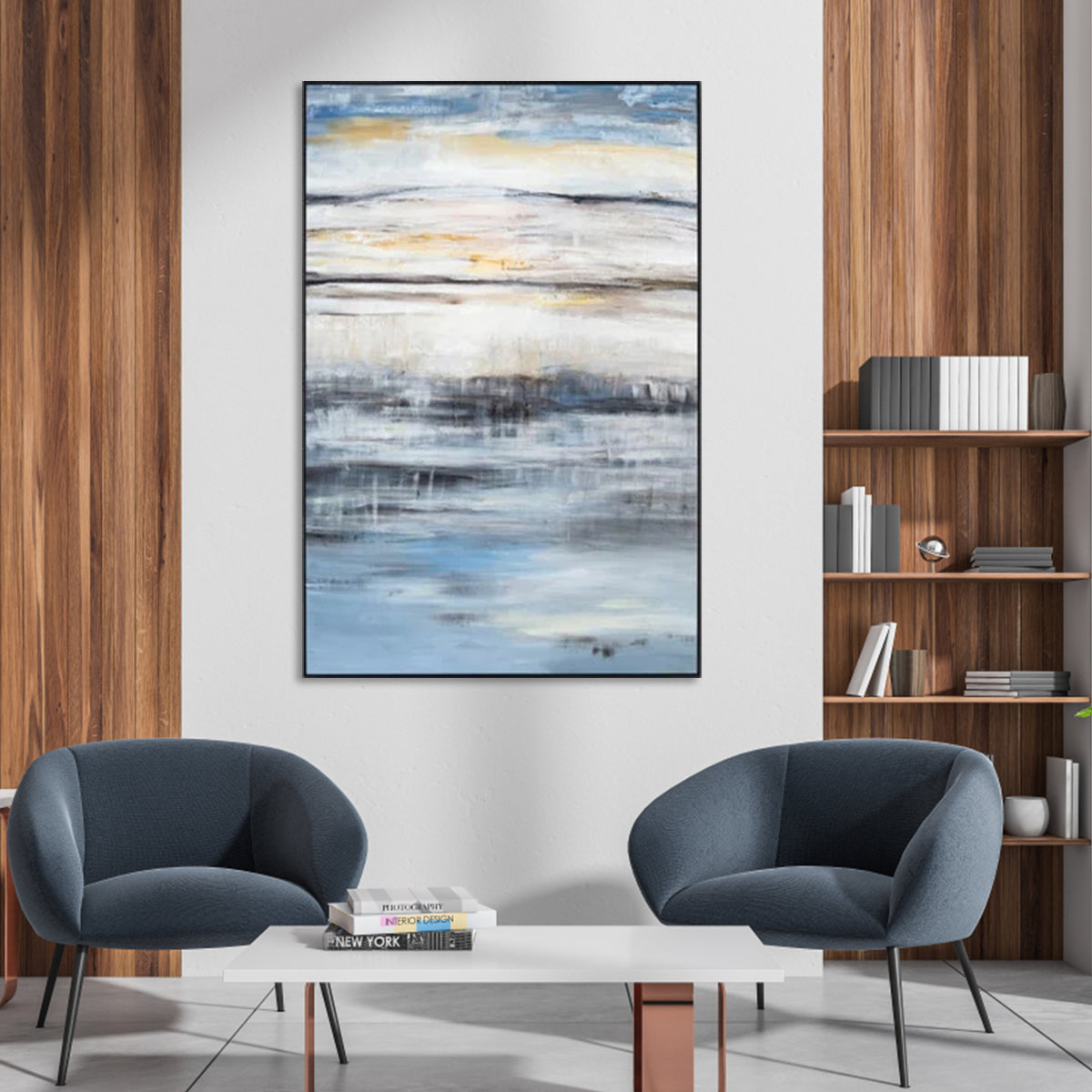 Abstract blue and white wall art with soft waves and a serene ocean horizon.