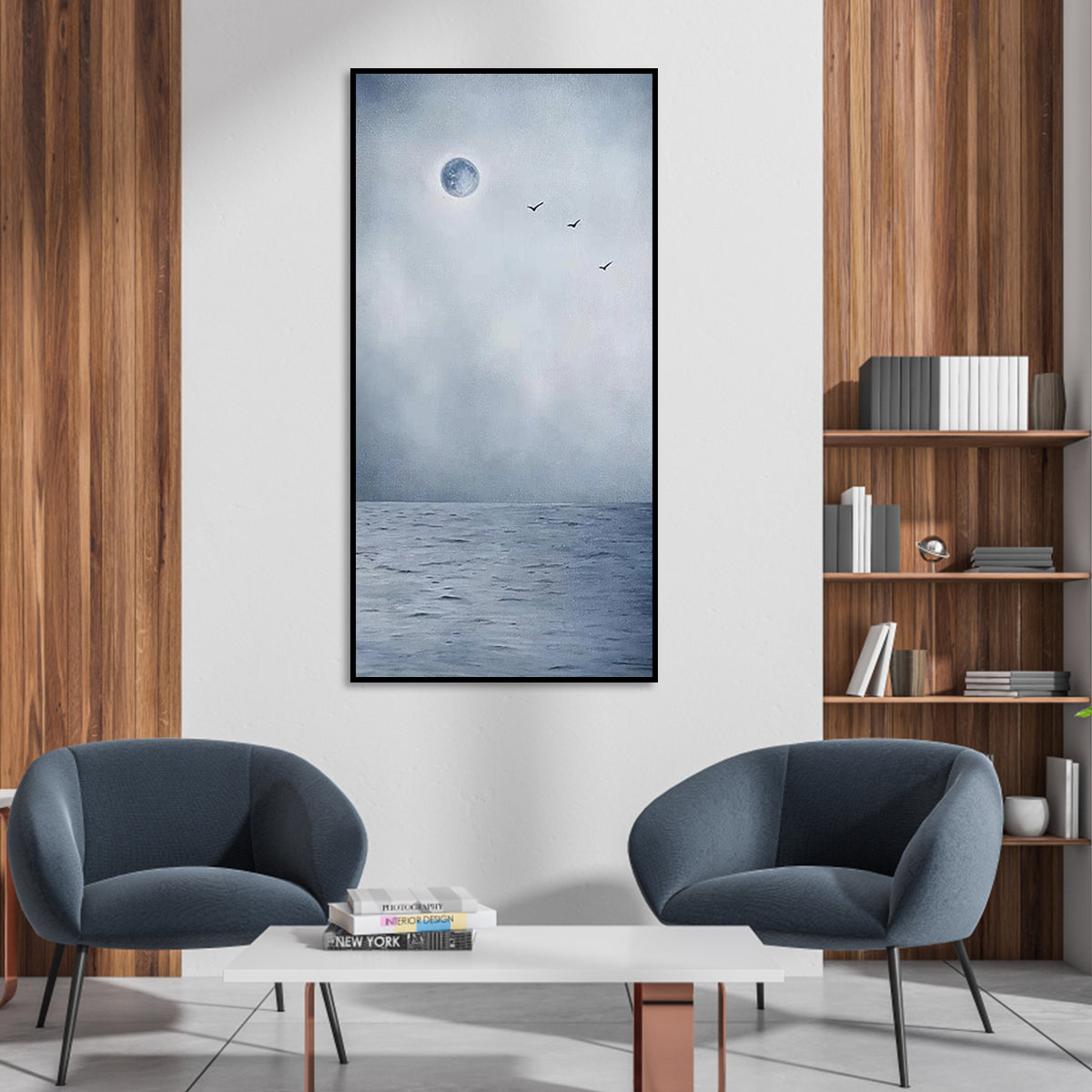 Moon art with a glowing full moon, misty ocean, and birds flying in the sky.