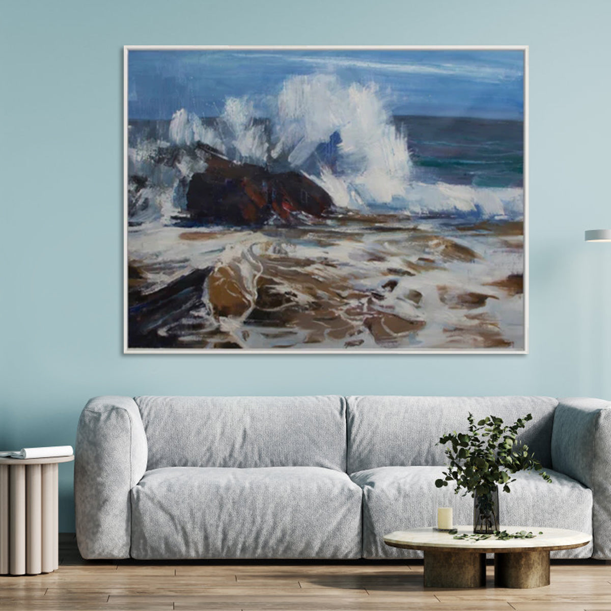 Transcendent Transformation wave art, crashing ocean waves on rocks, seascape painting