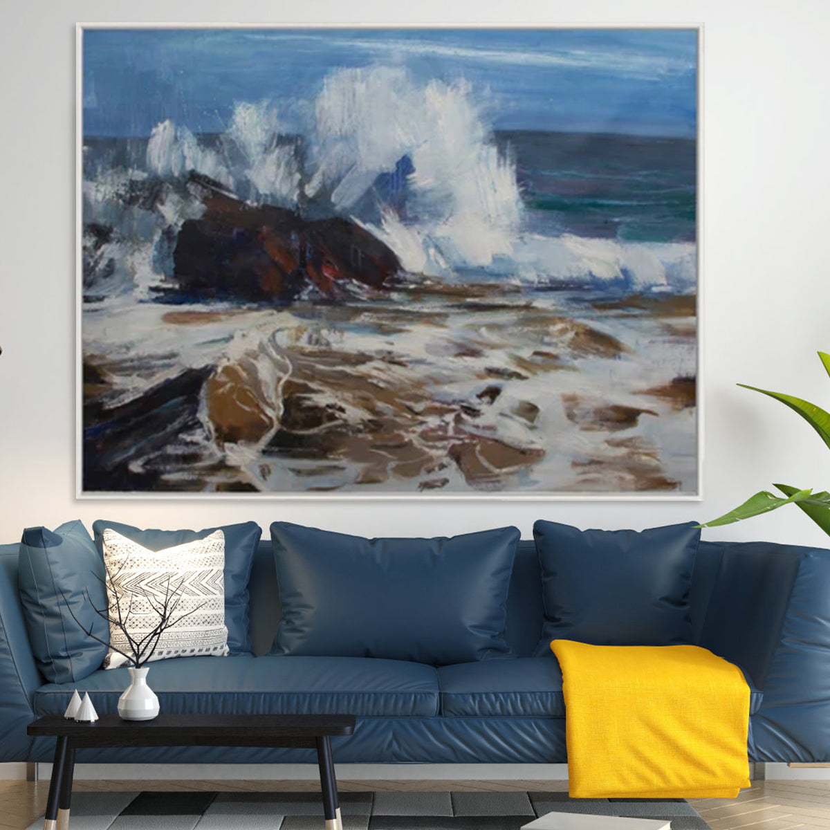 Transcendent Transformation wave art, crashing ocean waves on rocks, seascape painting