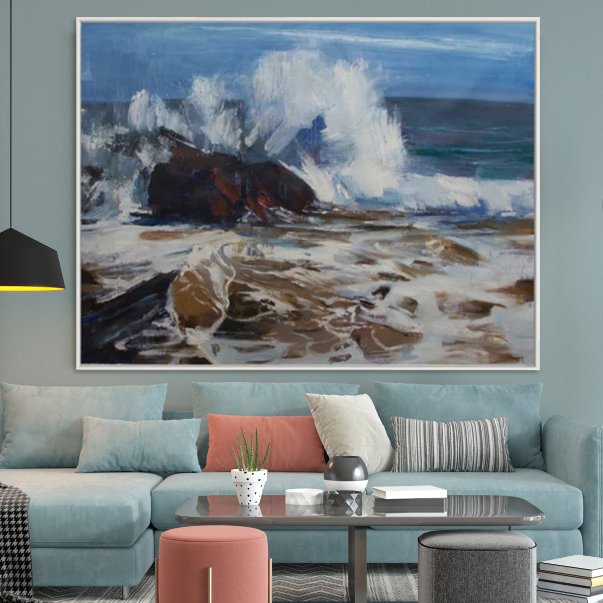 Transcendent Transformation wave art, crashing ocean waves on rocks, seascape painting