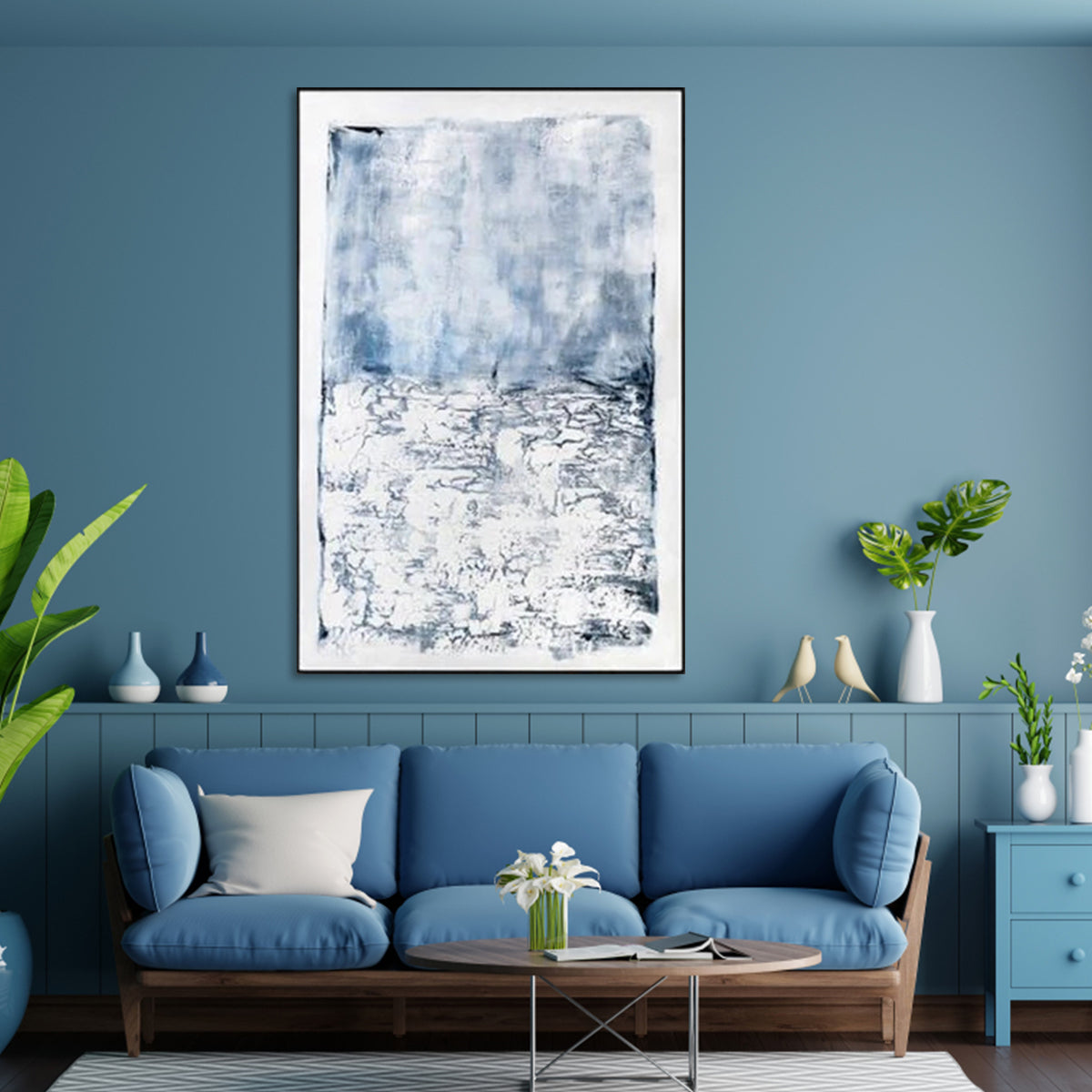 Tread Snow modern abstract wall art in blue and white with textured minimalist design