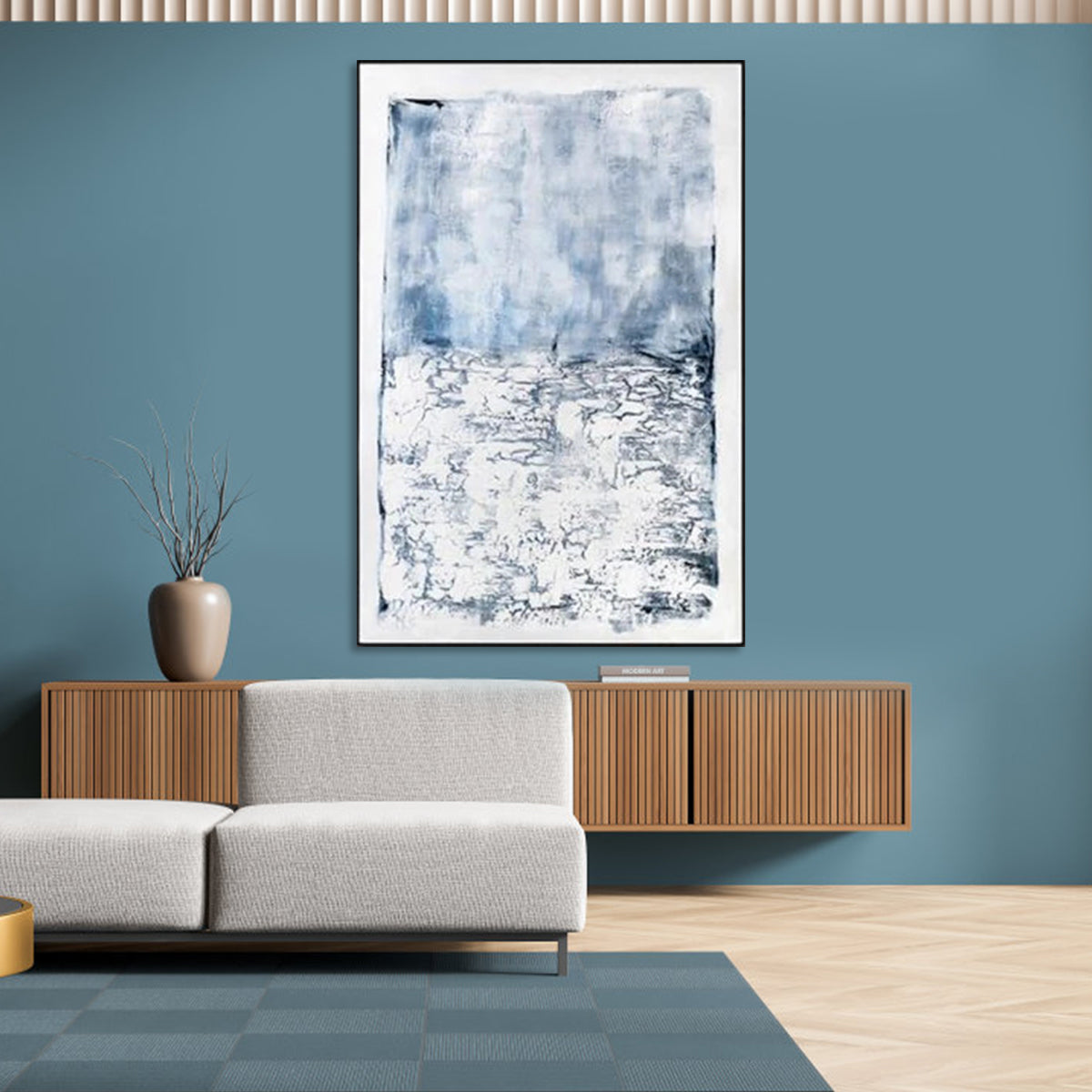 Tread Snow modern abstract wall art in blue and white with textured minimalist design