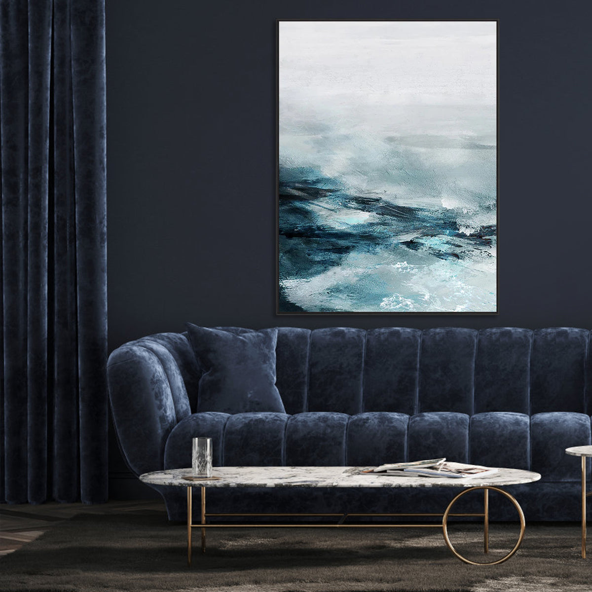 Typhoon abstract wave painting in blue, grey, and white modern wall art
