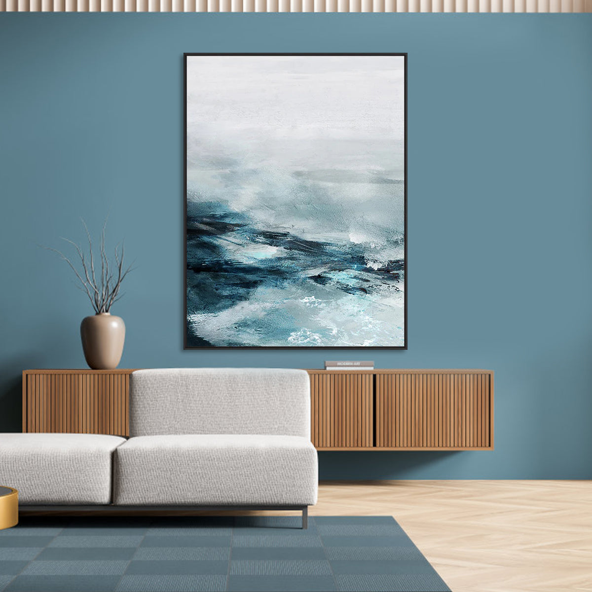 Typhoon abstract wave painting in blue, grey, and white modern wall art