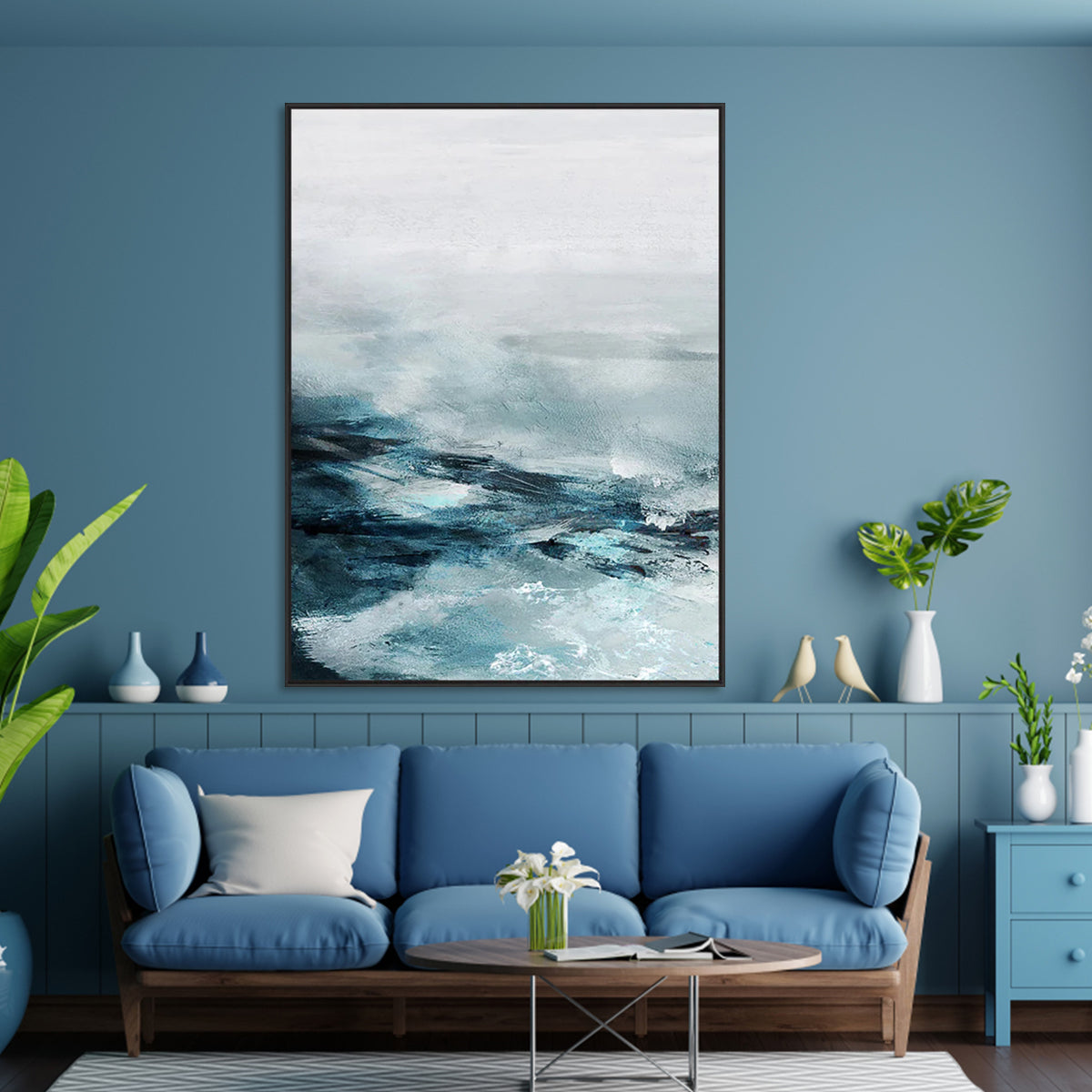 Typhoon abstract wave painting in blue, grey, and white modern wall art