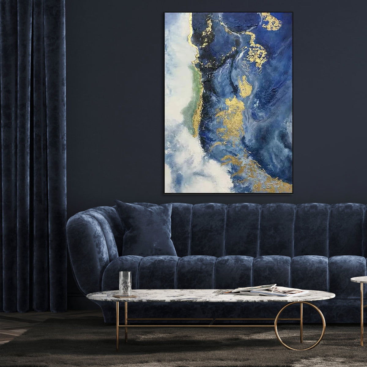 Uncharted Shores abstract wall art with blue, white, and gold textured painting