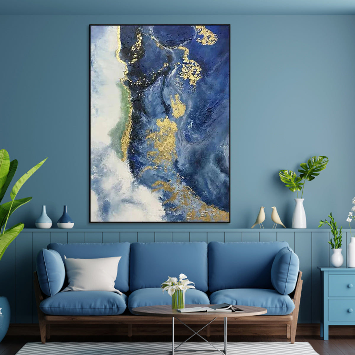 Uncharted Shores abstract wall art with blue, white, and gold textured painting