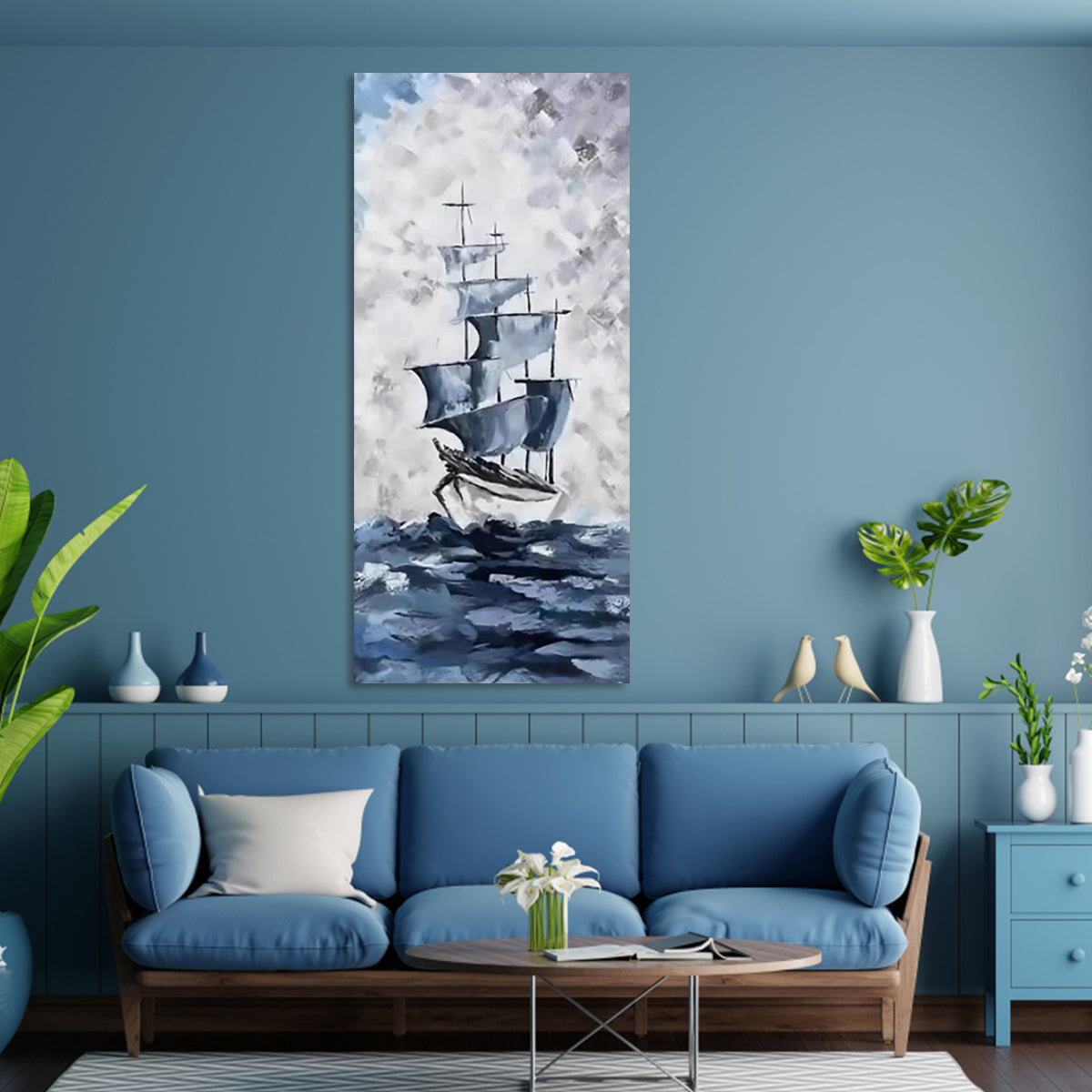 Blue ocean painting with a sailing ship on the sea, perfect for modern nautical decor.