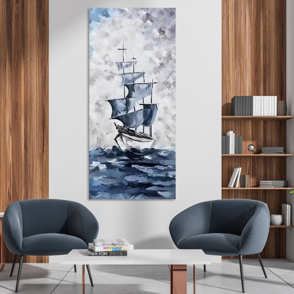 Blue ocean painting with a sailing ship on the sea, perfect for modern nautical decor.