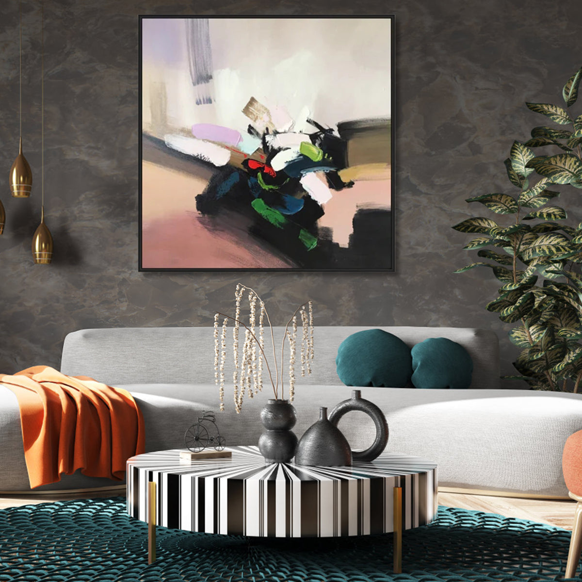 Abstract expressionist painting "Vibrant Illusions" with vibrant colors and dynamic brushstrokes.