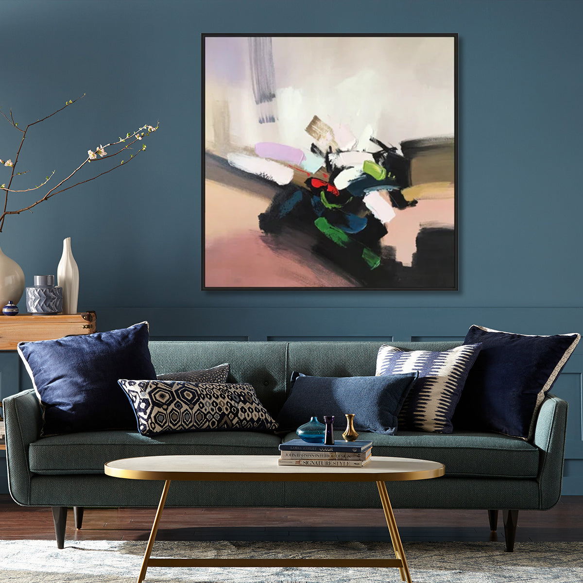 Abstract expressionist painting "Vibrant Illusions" with vibrant colors and dynamic brushstrokes.