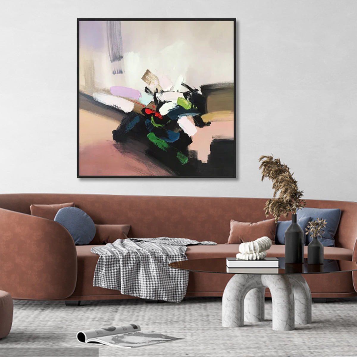 Abstract expressionist painting "Vibrant Illusions" with vibrant colors and dynamic brushstrokes.