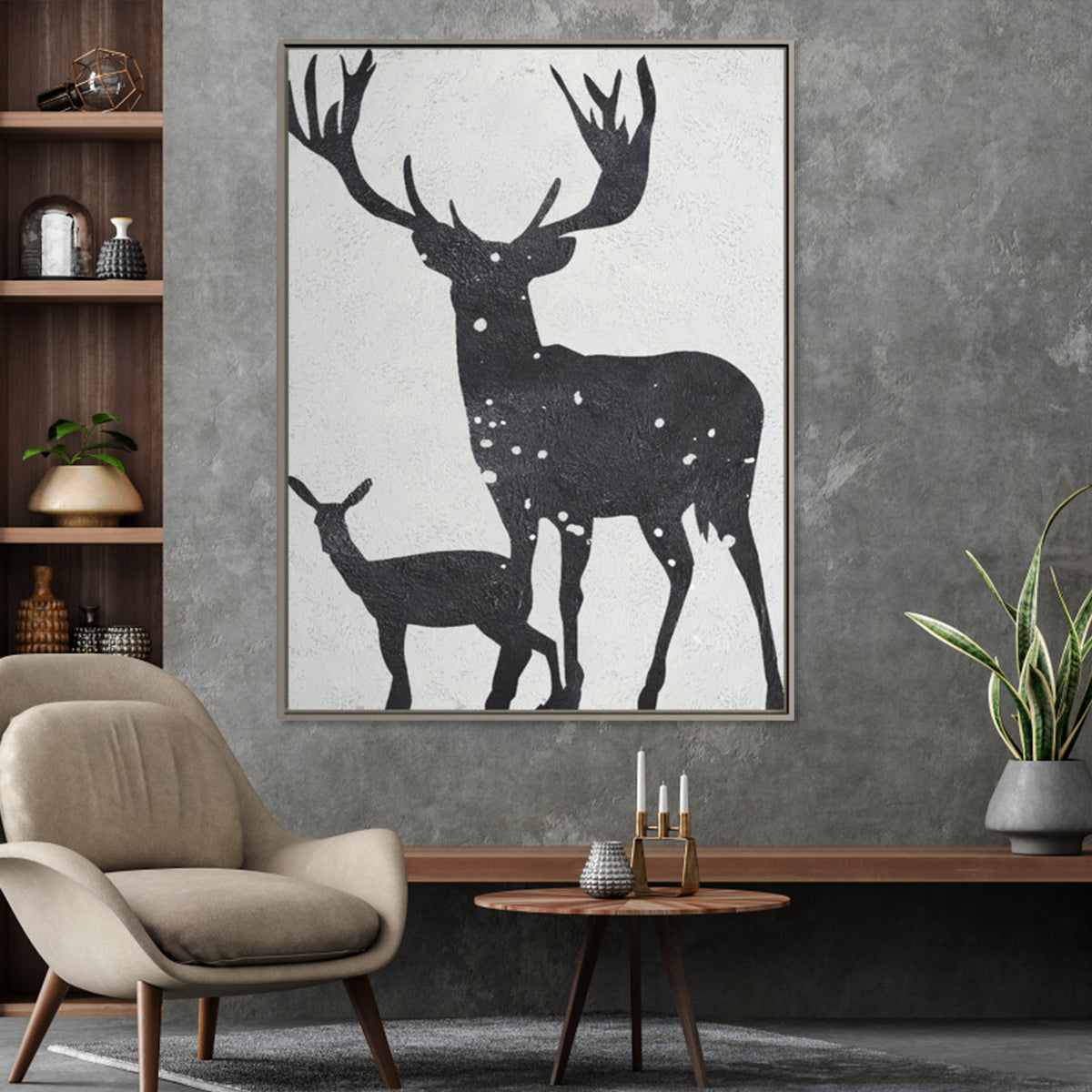 Black and white deer art with stag and fawn silhouette