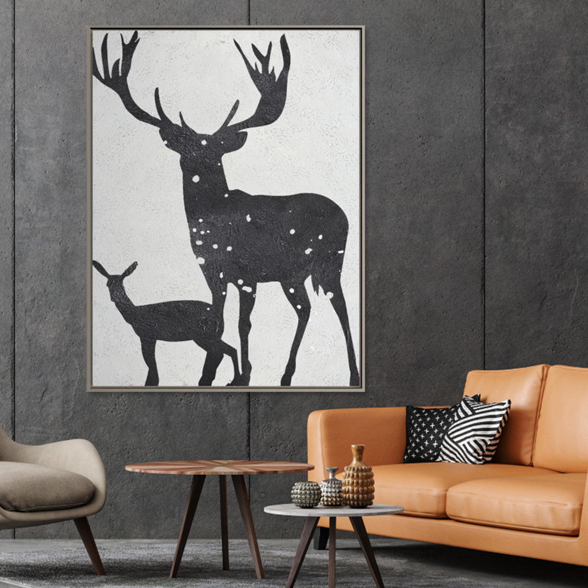 Black and white deer art with stag and fawn silhouette