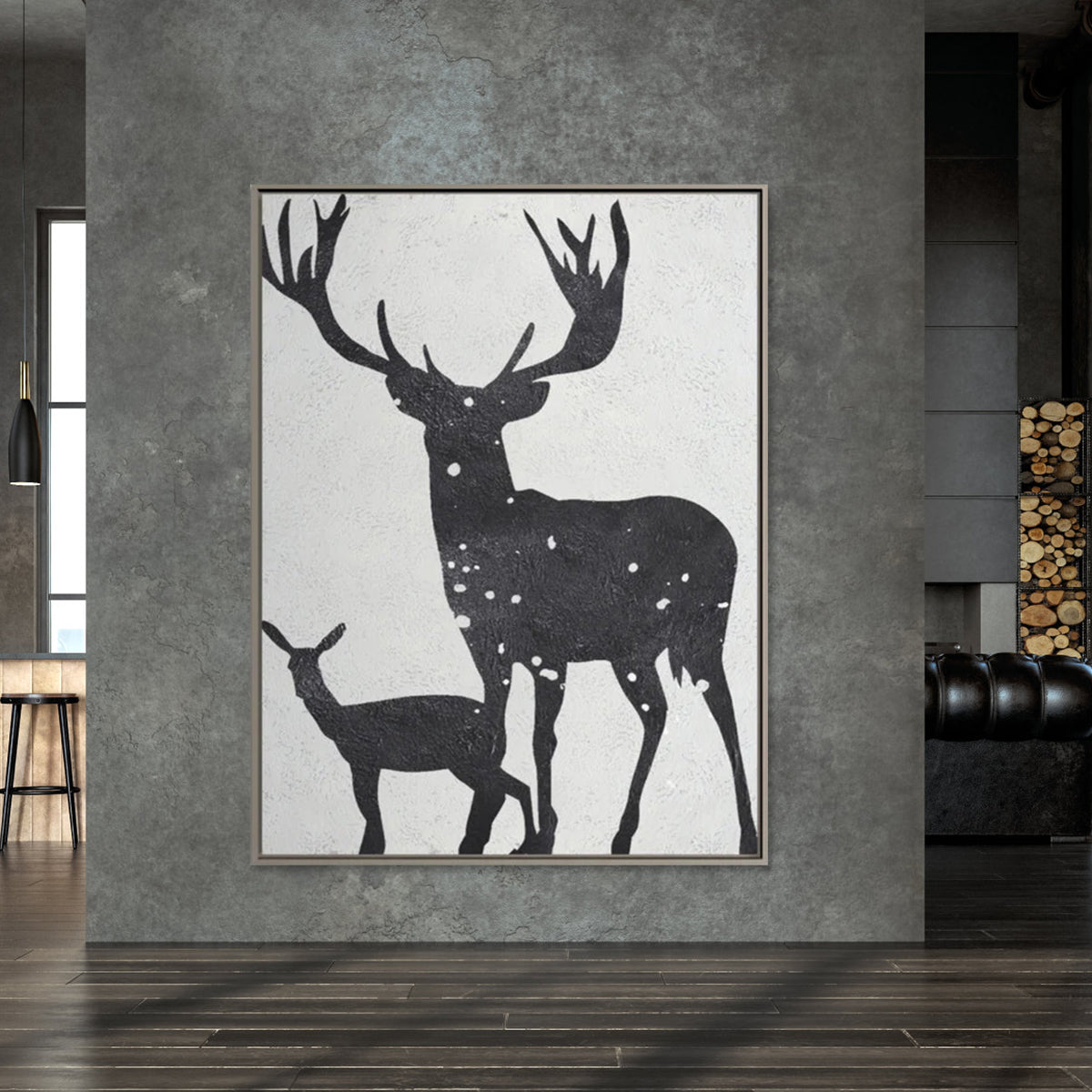 Black and white deer art with stag and fawn silhouette
