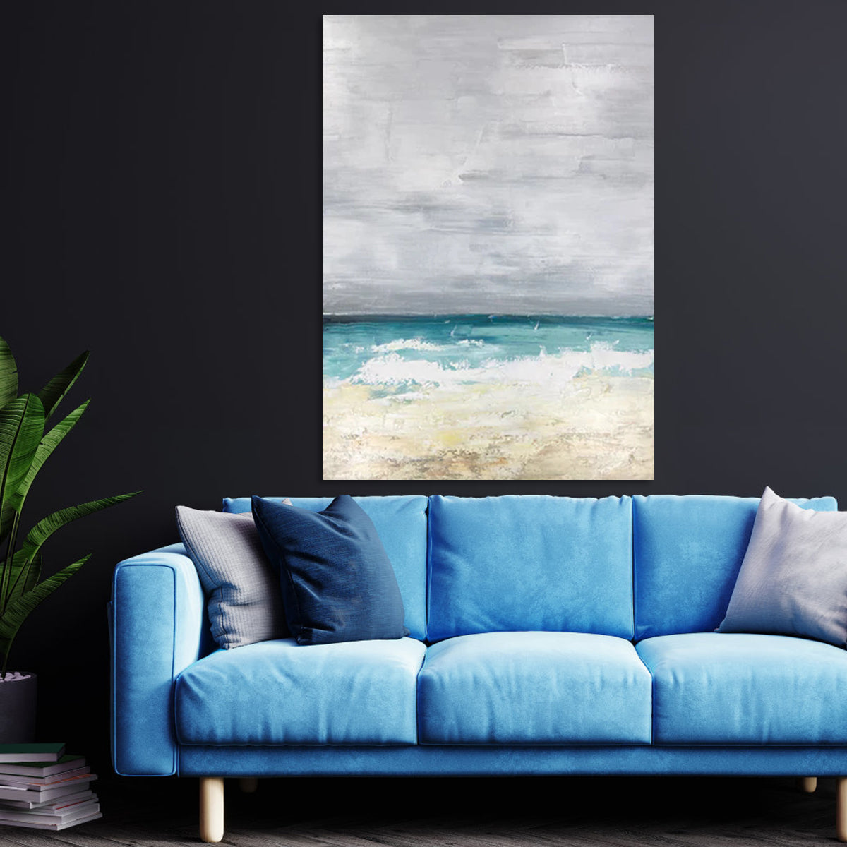 Winds of Change seascapes art paintings with grey sky, turquoise ocean, and sandy shore
