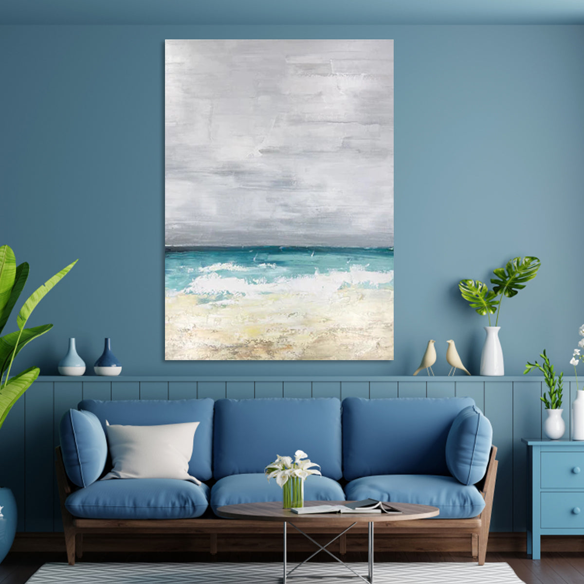 Winds of Change seascapes art paintings with grey sky, turquoise ocean, and sandy shore
