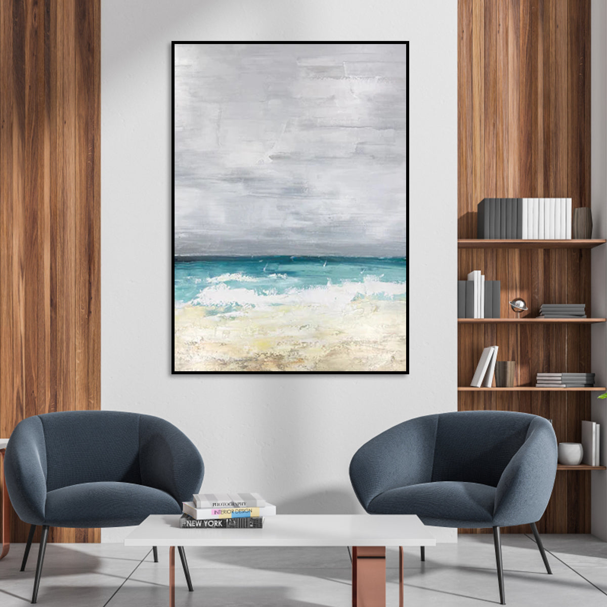 Winds of Change seascapes art paintings with grey sky, turquoise ocean, and sandy shore